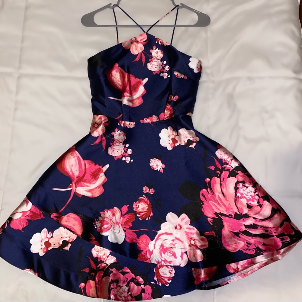 Floral Satin Navy Blue Halter Neck Mini Prom Flare Dress